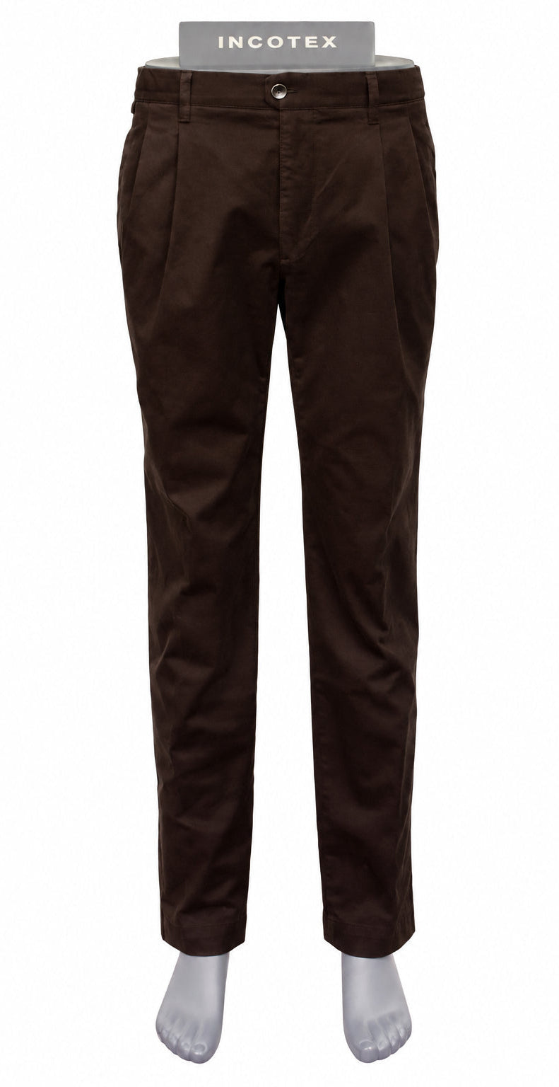 Dark brown chino pants displayed on a mannequin stand with a white backdrop, featuring an INCOTEX label at the waistband.