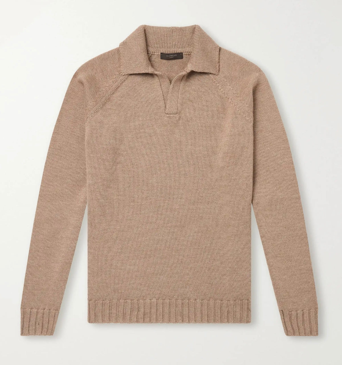 A beige knit polo sweater with a ribbed collar, raglan sleeves, and ribbed cuffs and hem, shown flat on a light off-white background. Slowear Zanone label is visible.