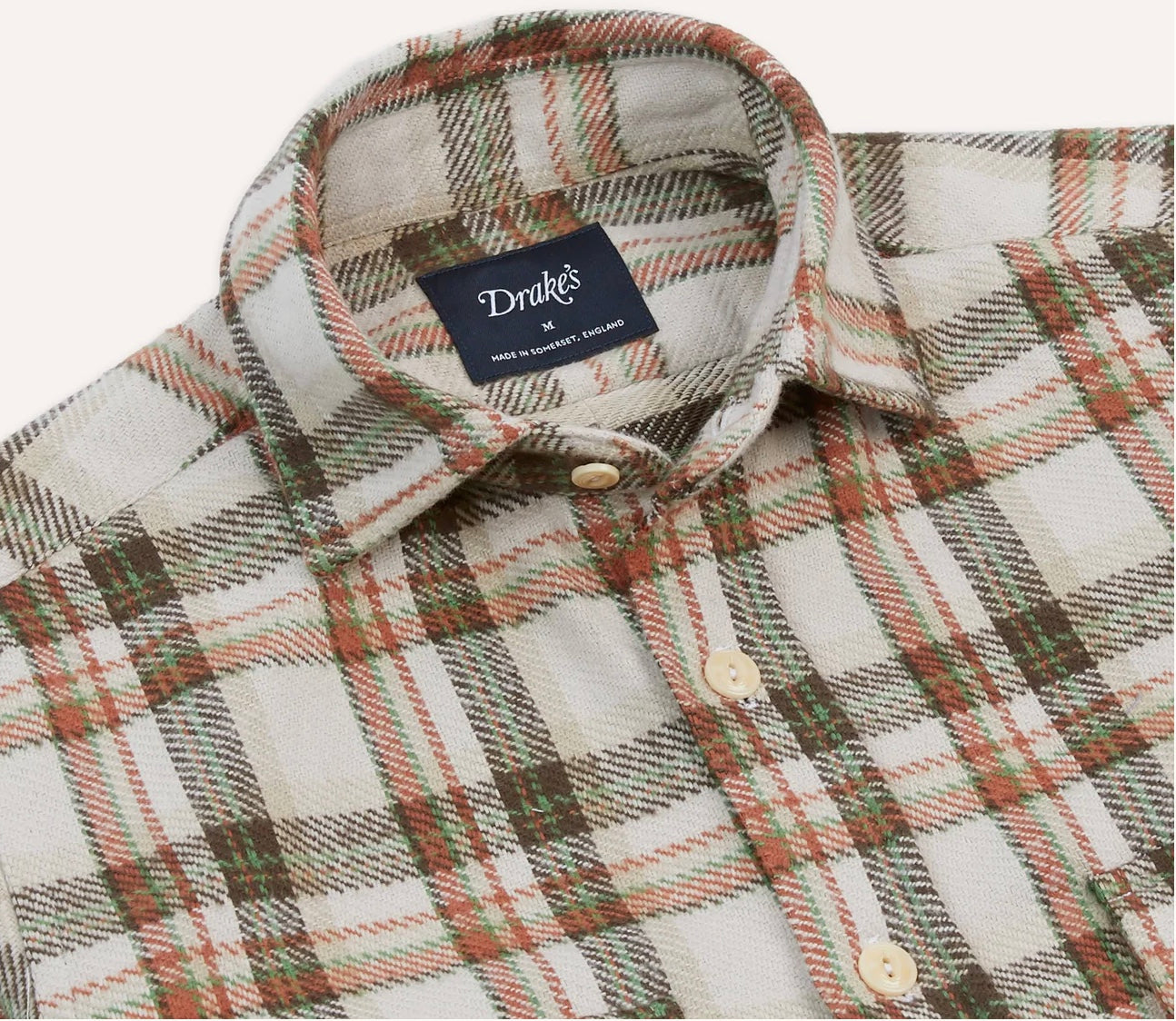 Drakes Ecru Check Cotton Two-Pocket Work Shirt