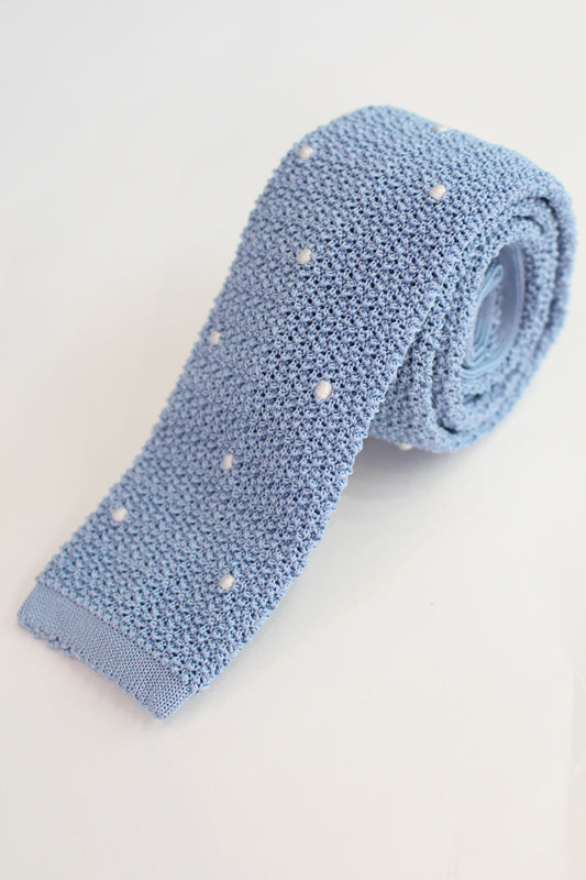 Knitted Silk Tie (Light Blue/ White Spot)