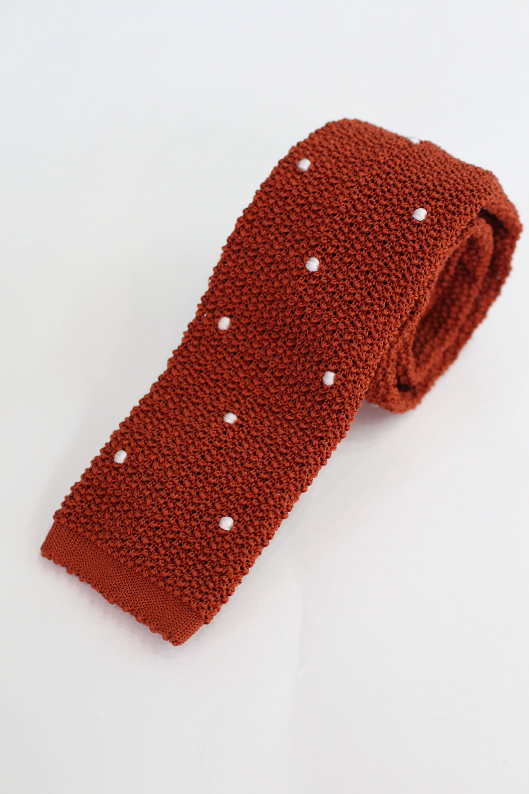 Knitted Silk Tie (Burnt Orange/ White Spot)